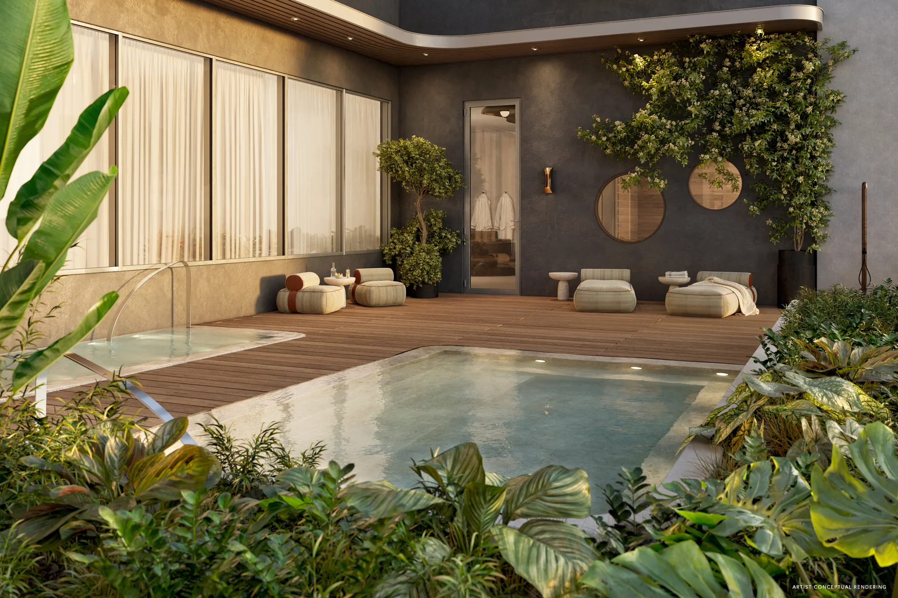Rooftop pool surrounded by greenery with skyline views