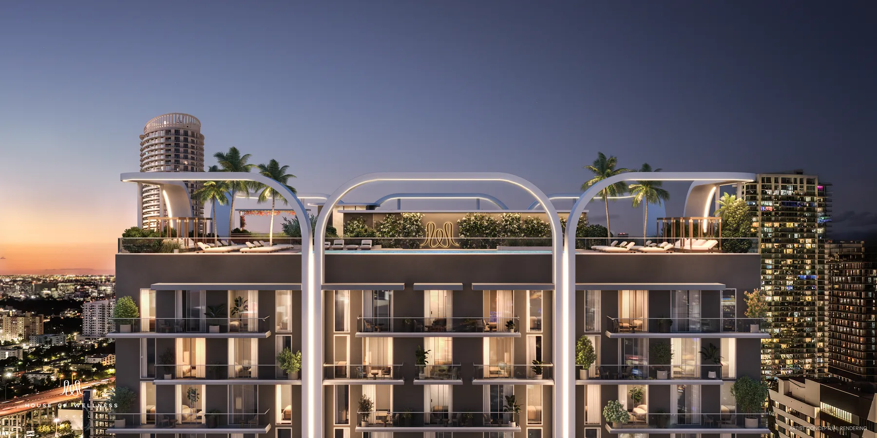 Evening rendering of the House of Wellness pool